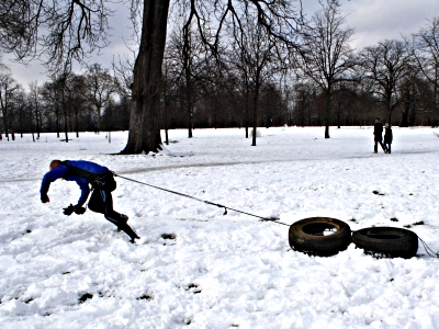 Dragging tyres through the snow in Hyde Park - Dorothy Tomalin