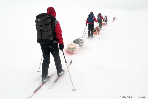 Pulk dragging in low visibility (Photo: Robert Hollingworth)