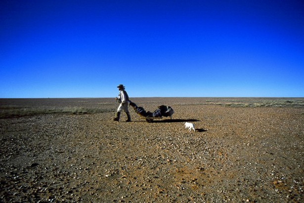 Jon Muir dragging a desert cart