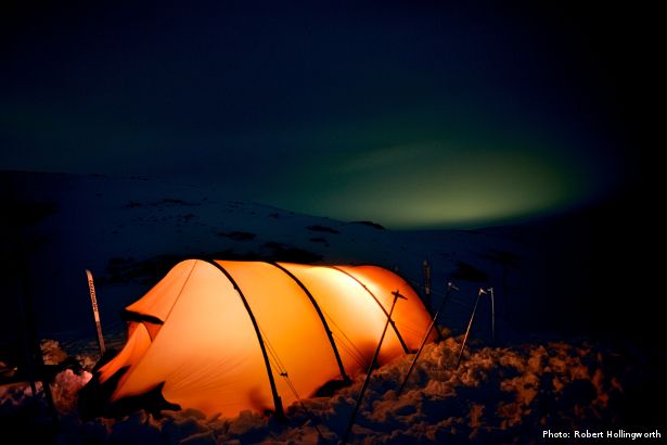 Illuminated tent at night (Photo: Robert Hollingworth)